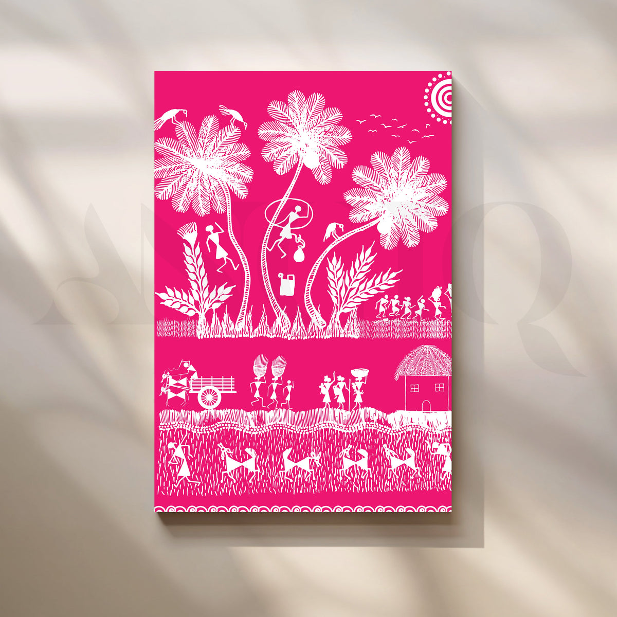 Pink Warli Village Life Canvas Artwork – Asha Art Studio