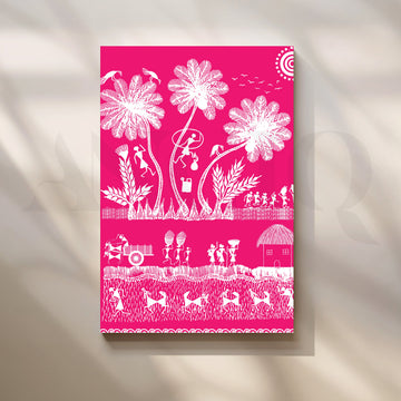 Pink Warli Village Life Canvas Artwork – Asha Art Studio