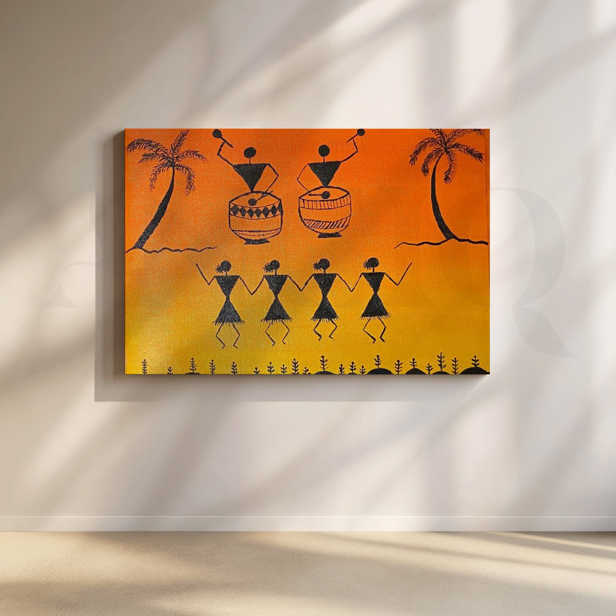 Sunset Warli Dance Canvas Artwork – Asha Art Studio