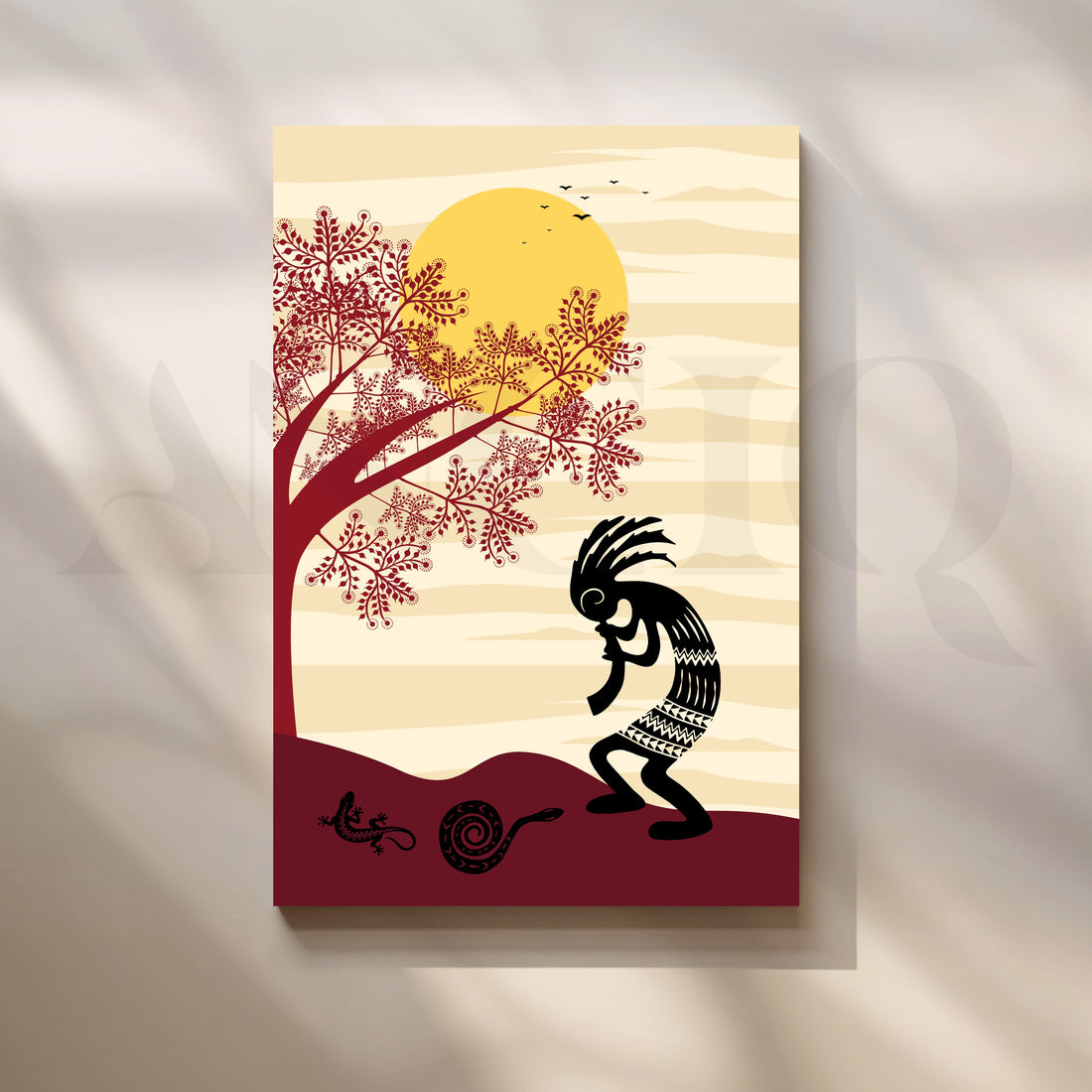 Tribal Flute Under the Sun Canvas Painting for Living Room – Asha Art Studio