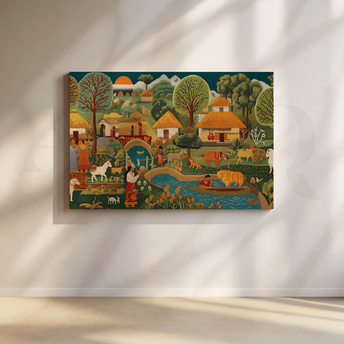 Pastoral Harmony Folk Canvas Artwork – Asha Art Studio