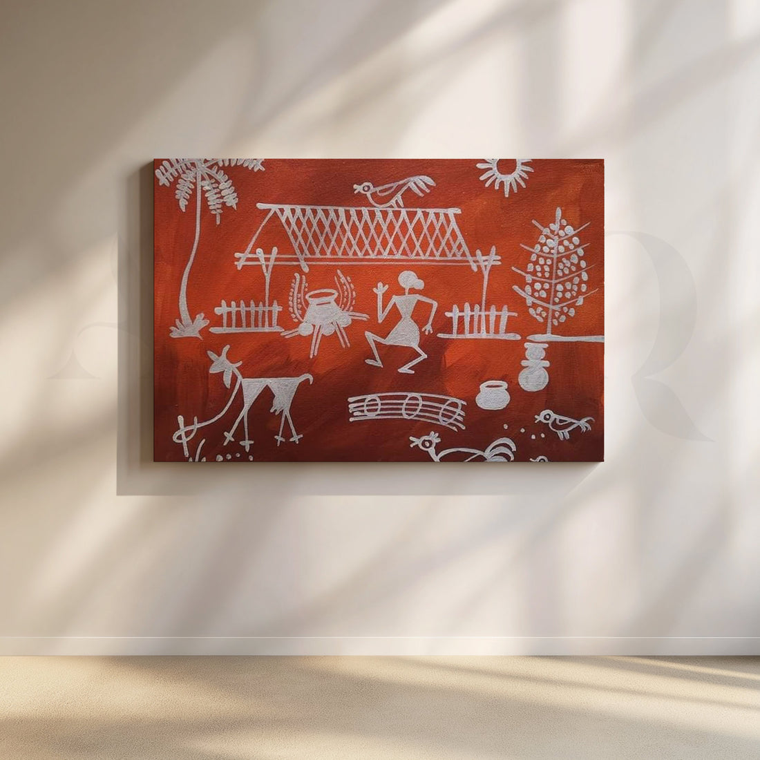 Terracotta Warli Village Canvas Artwork – Asha Art Studio