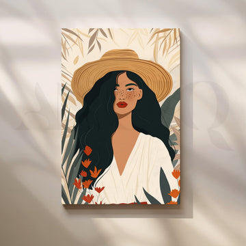 Sunlit Straw Hat Muse Canvas Painting for Boho Living Room – Asha Art Studio