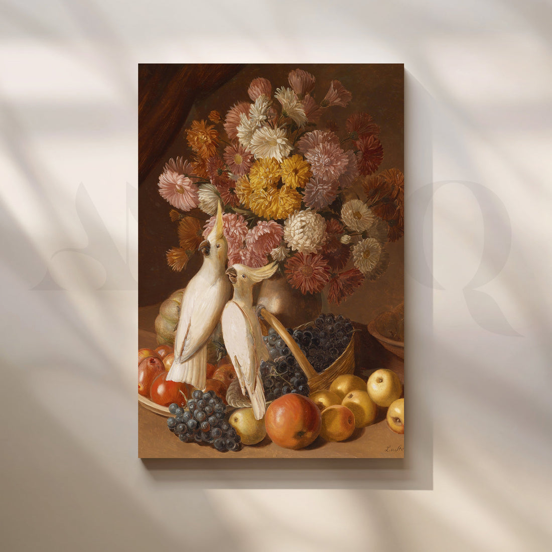 Cockatoos with Floral Still Life Canvas Artwork – Asha Art Studio