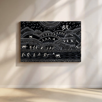 Midnight Warli River & Hills Canvas Artwork – Asha Art Studio