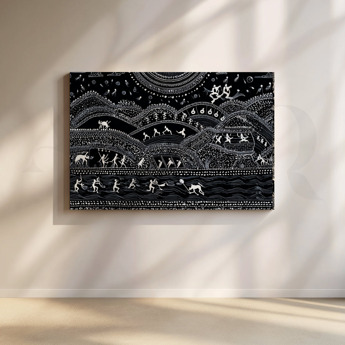 Midnight Warli River & Hills Canvas Artwork – Asha Art Studio