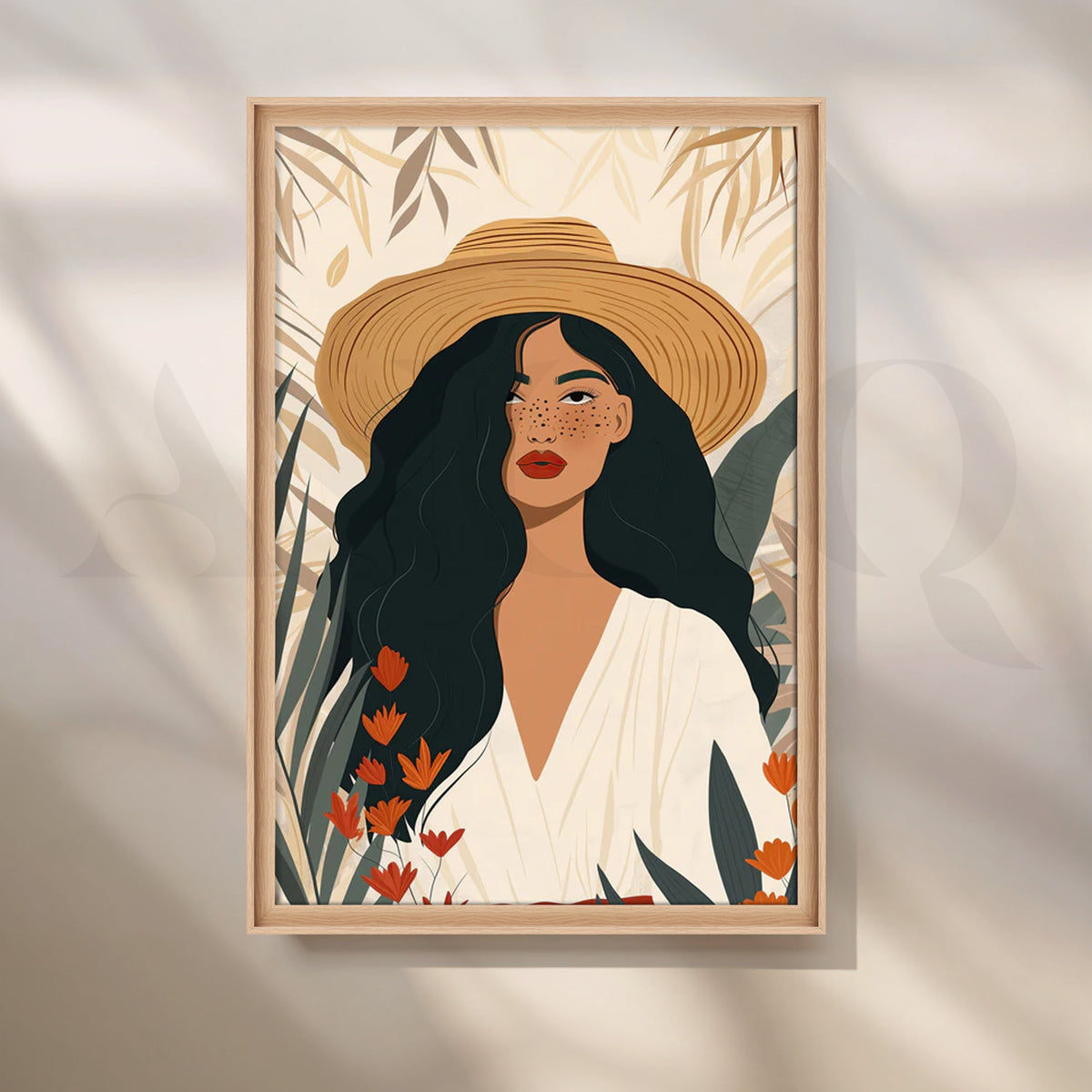 Sunlit Straw Hat Muse Canvas Painting for Boho Living Room – Asha Art Studio – Image 5