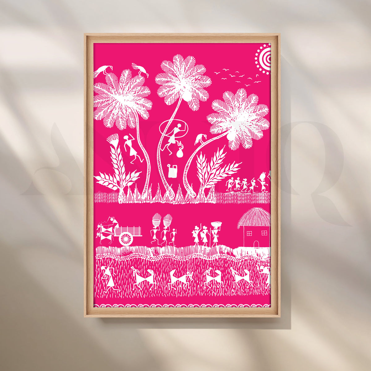 Pink Warli Village Life Canvas Artwork – Asha Art Studio – Image 5
