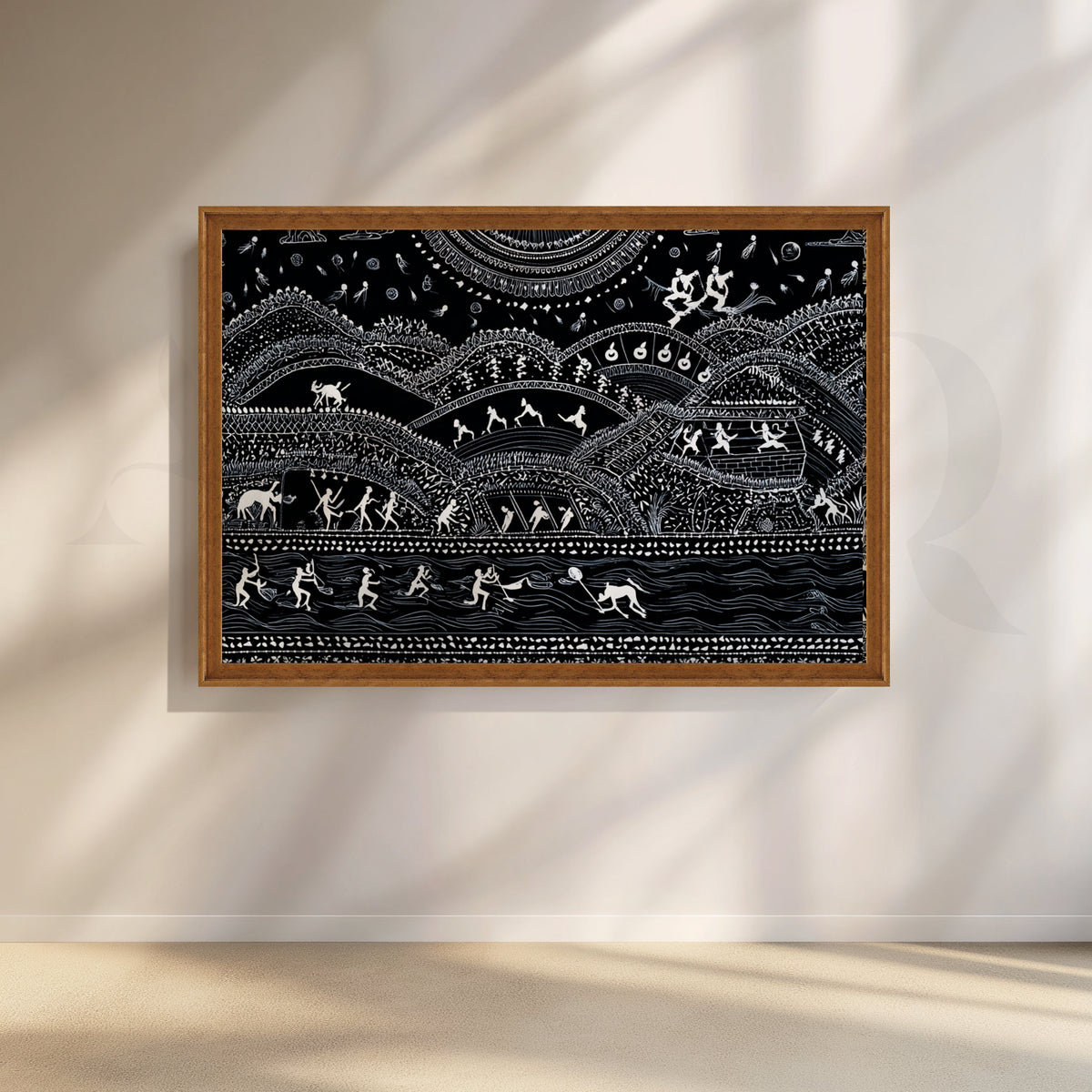 Midnight Warli River & Hills Canvas Artwork – Asha Art Studio – Image 6