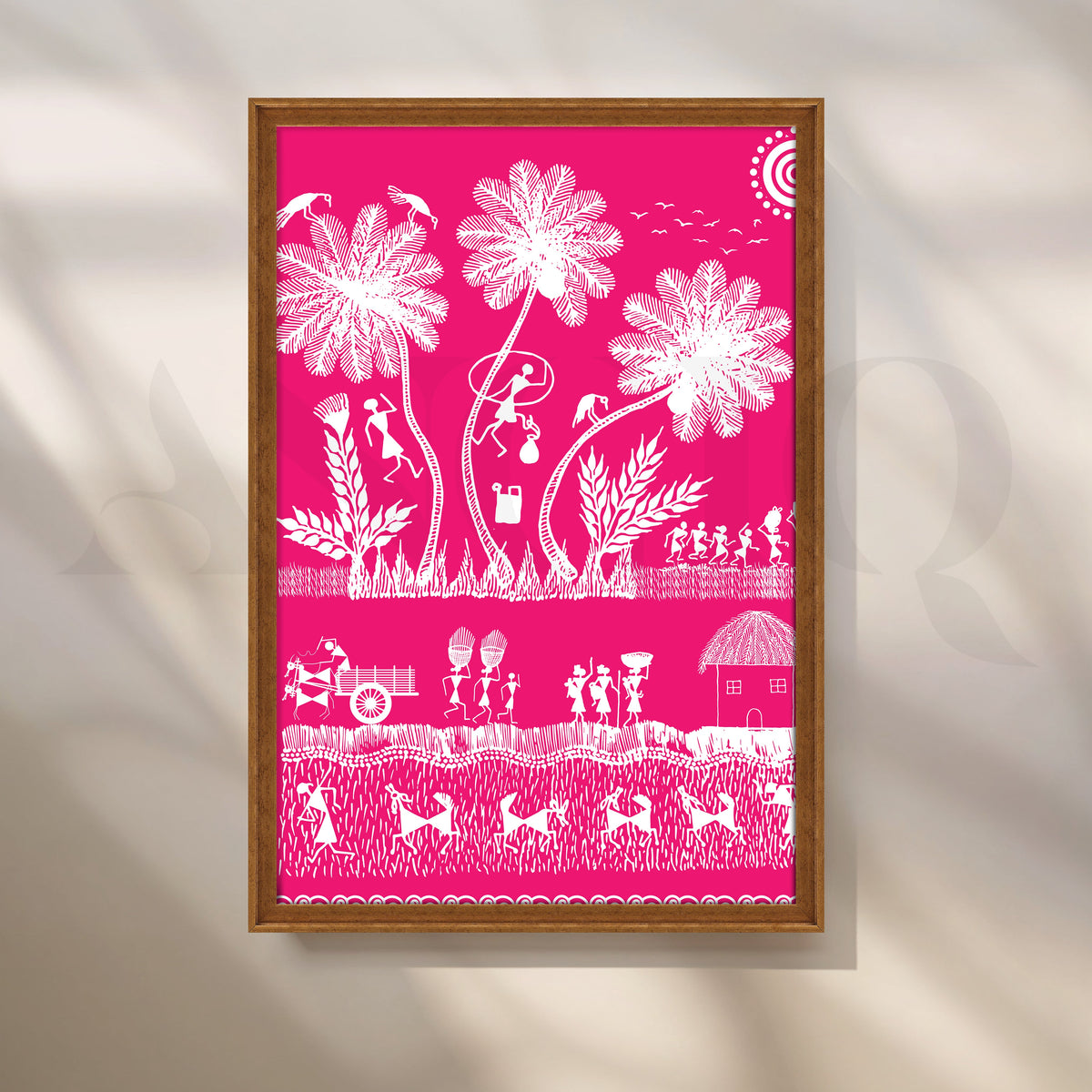 Pink Warli Village Life Canvas Artwork – Asha Art Studio – Image 6