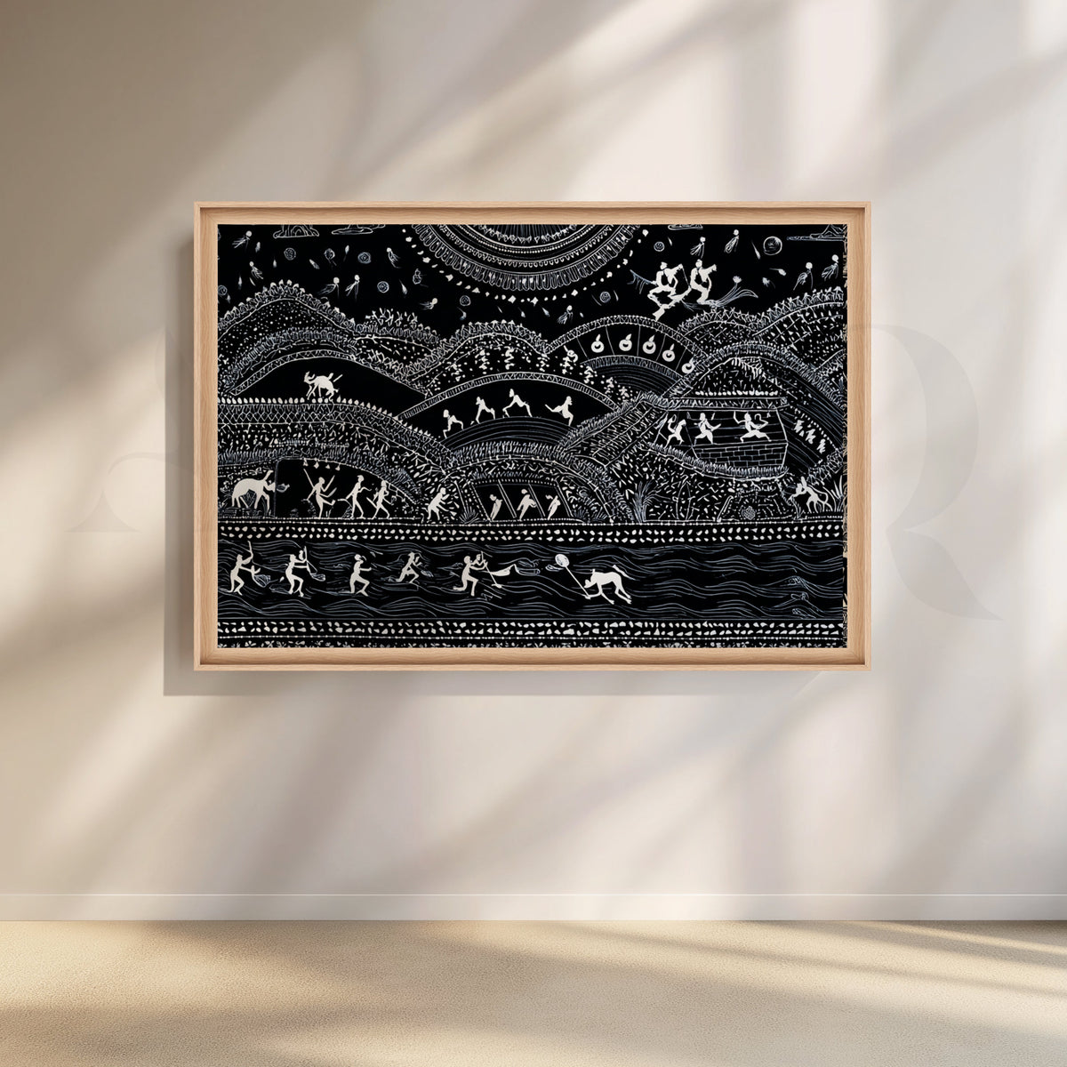 Midnight Warli River & Hills Canvas Artwork – Asha Art Studio – Image 5