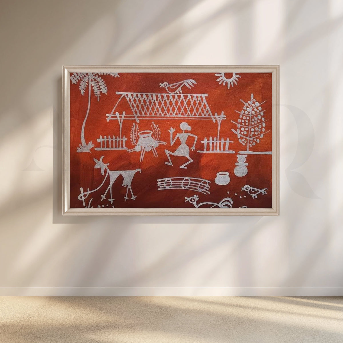Terracotta Warli Village Canvas Artwork – Asha Art Studio – Image 4