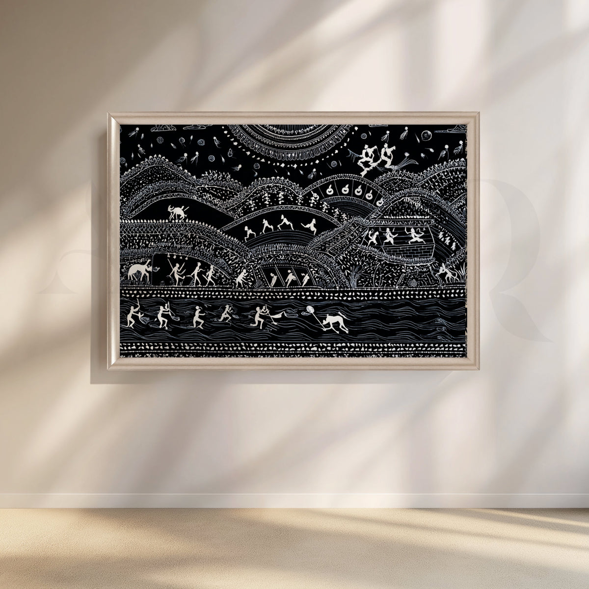 Midnight Warli River & Hills Canvas Artwork – Asha Art Studio – Image 4