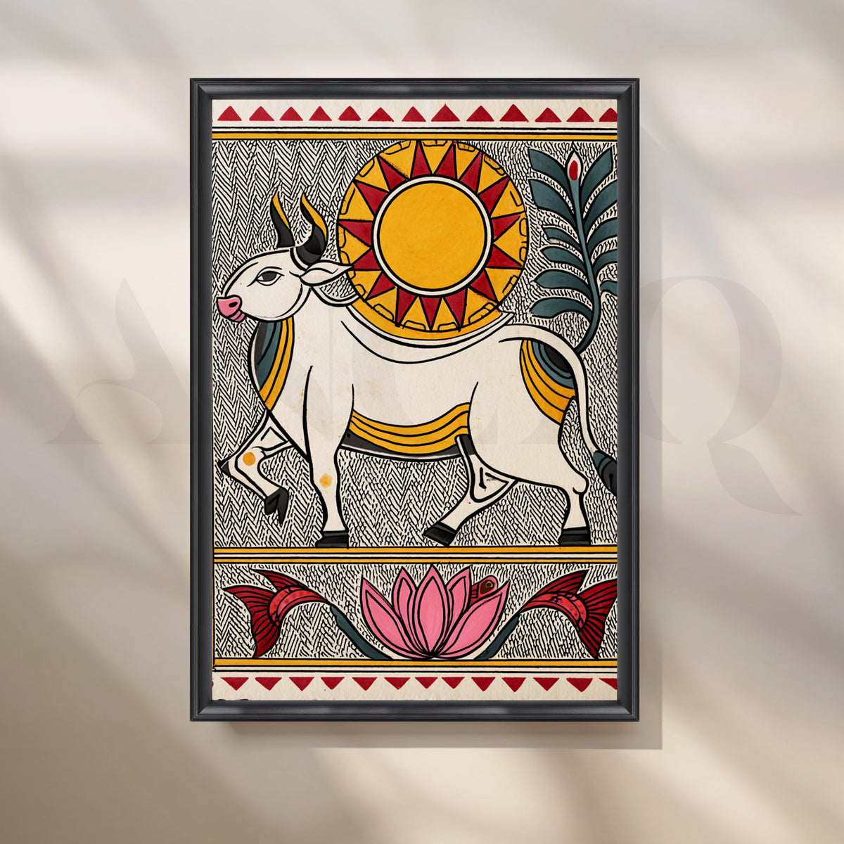 Madhubani Sacred Bull Canvas Artwork – Asha Art Studio – Image 3
