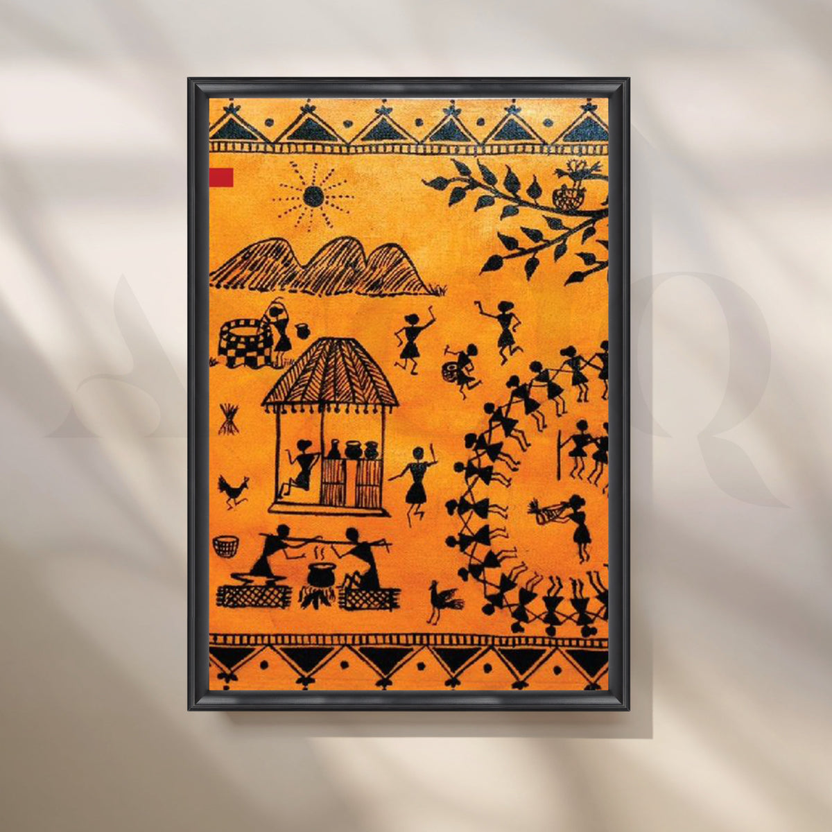 Orange Warli Dance Circle Canvas Artwork – Asha Art Studio – Image 3
