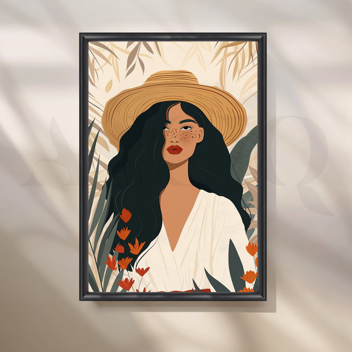 Sunlit Straw Hat Muse Canvas Painting for Boho Living Room – Asha Art Studio – Image 3