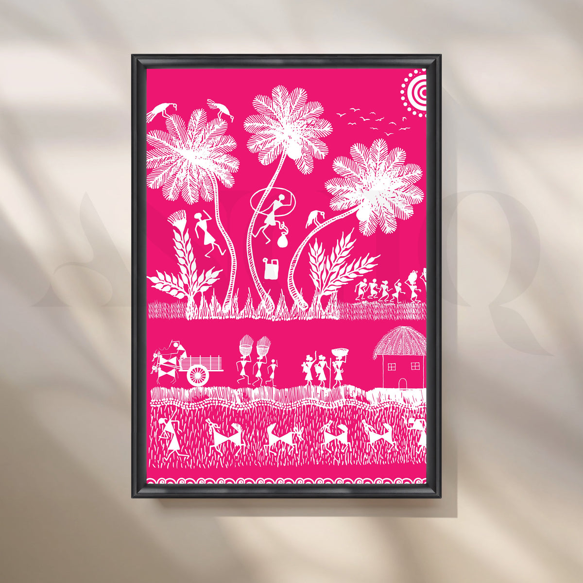 Pink Warli Village Life Canvas Artwork – Asha Art Studio – Image 3