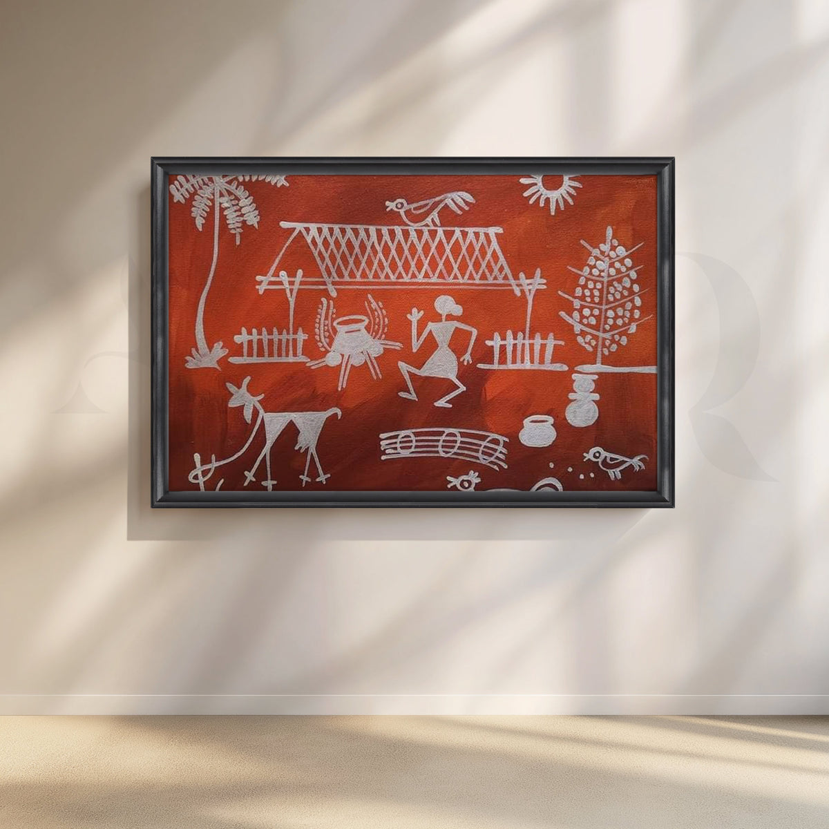 Terracotta Warli Village Canvas Artwork – Asha Art Studio – Image 3