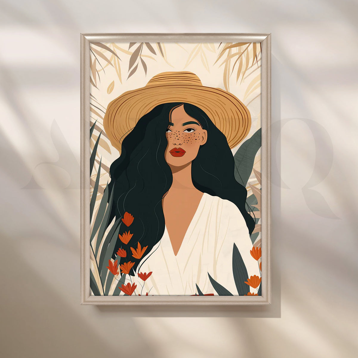 Sunlit Straw Hat Muse Canvas Painting for Boho Living Room – Asha Art Studio – Image 4
