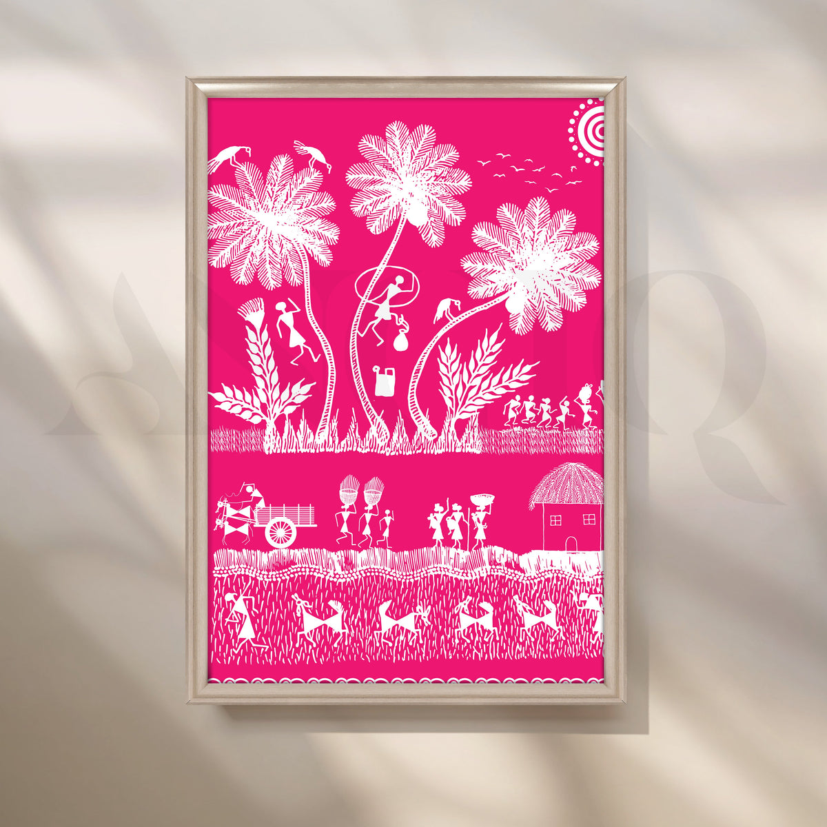 Pink Warli Village Life Canvas Artwork – Asha Art Studio – Image 4