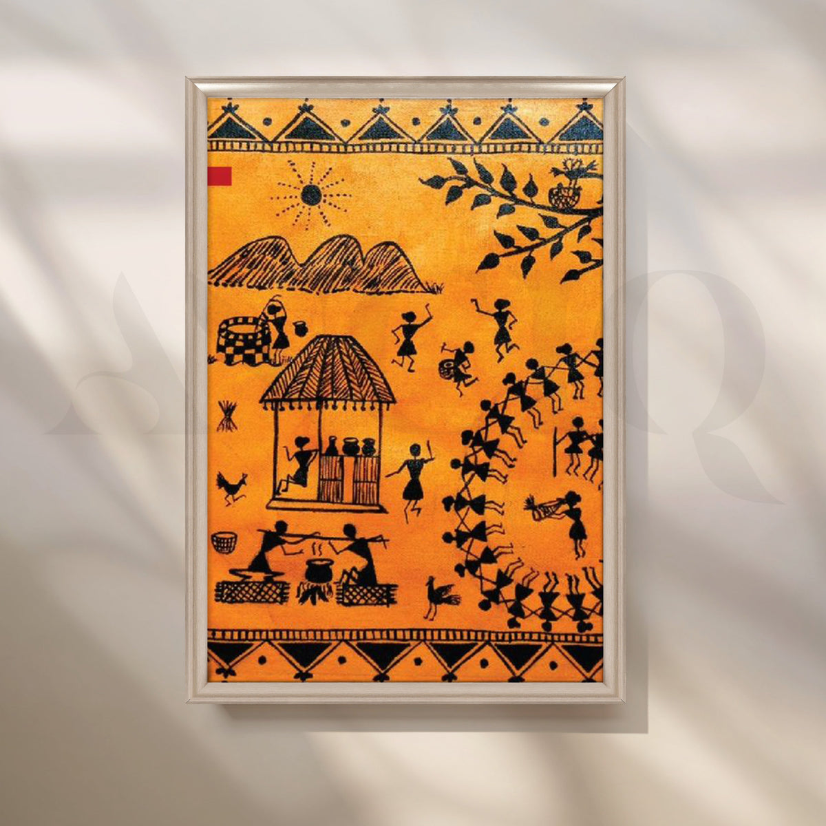 Orange Warli Dance Circle Canvas Artwork – Asha Art Studio – Image 4