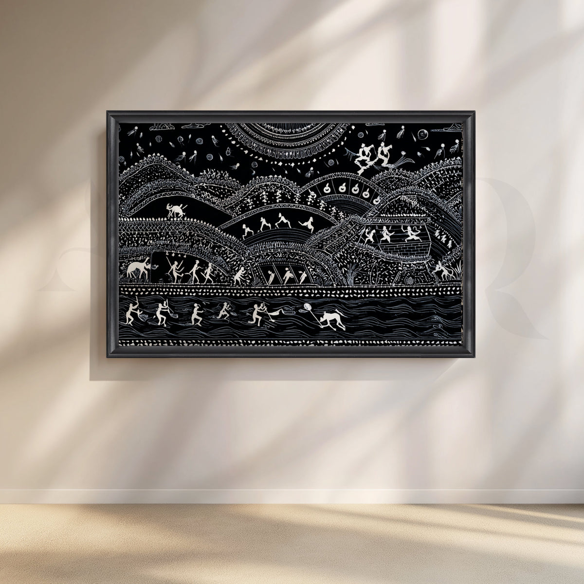 Midnight Warli River & Hills Canvas Artwork – Asha Art Studio – Image 3
