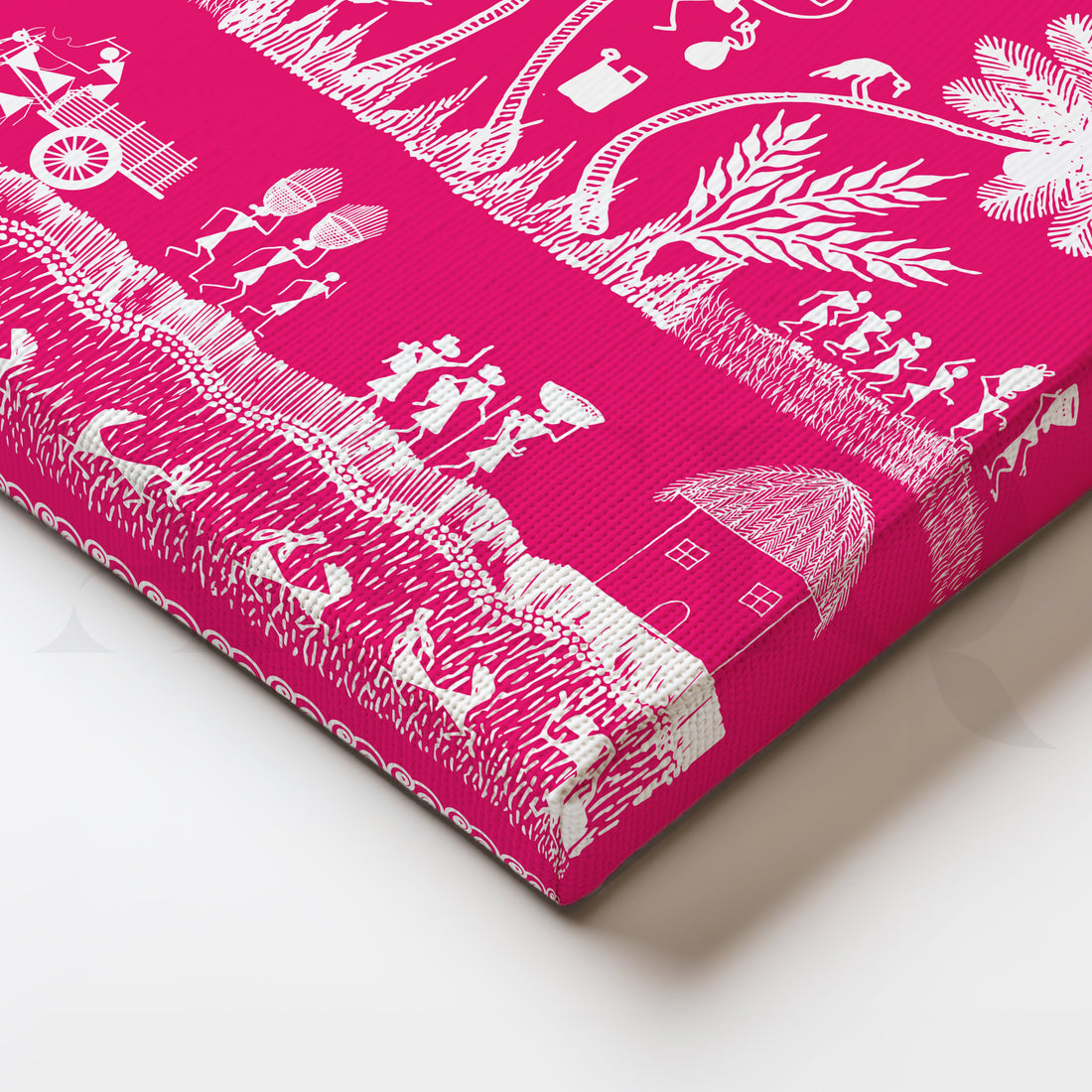 Pink Warli Village Life Canvas Artwork – Asha Art Studio