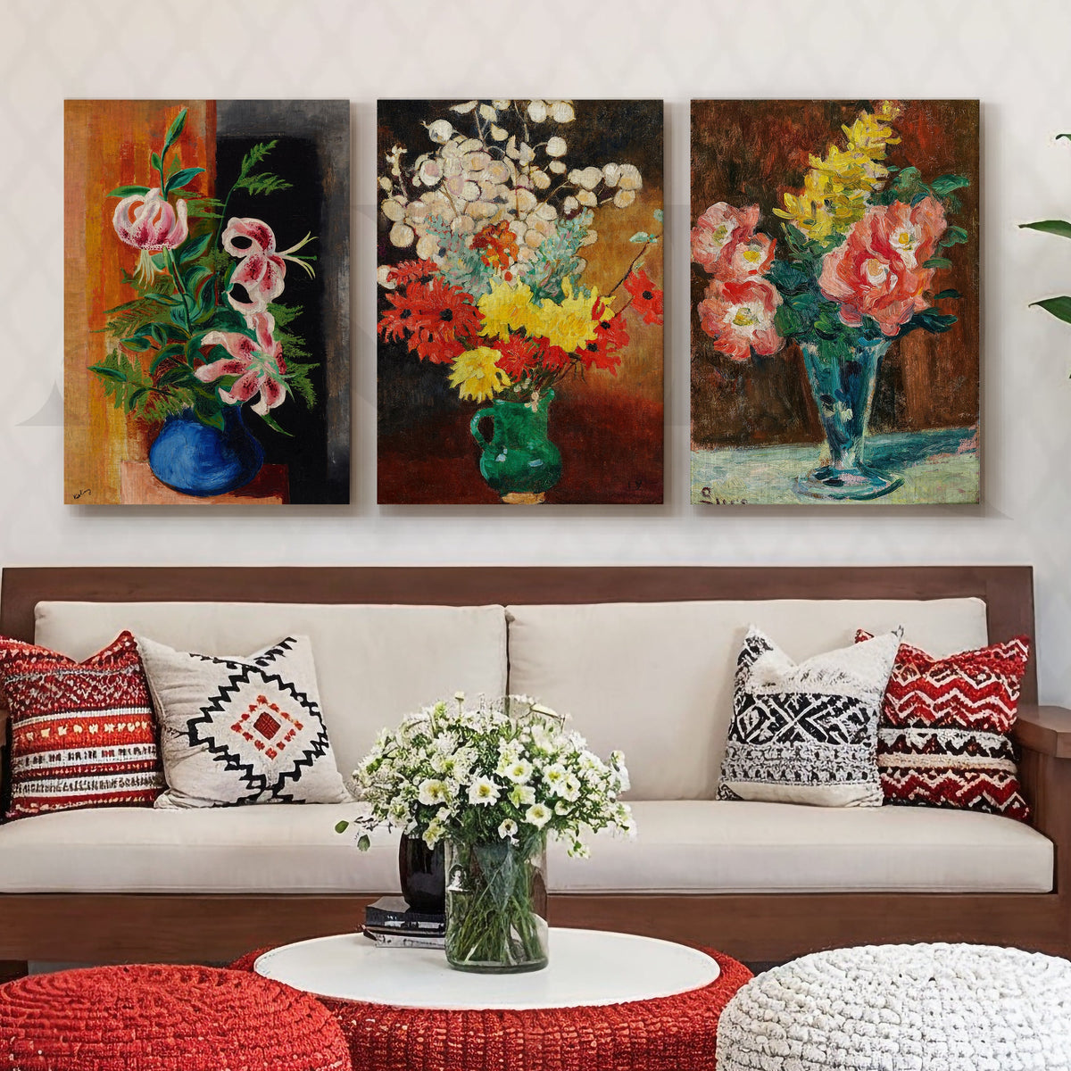 Floral Still Life Trio Gallery Wall – Set of 3 Canvas Artworks – Asha Art Studio
