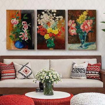 Floral Still Life Trio Gallery Wall – Set of 3 Canvas Artworks – Asha Art Studio