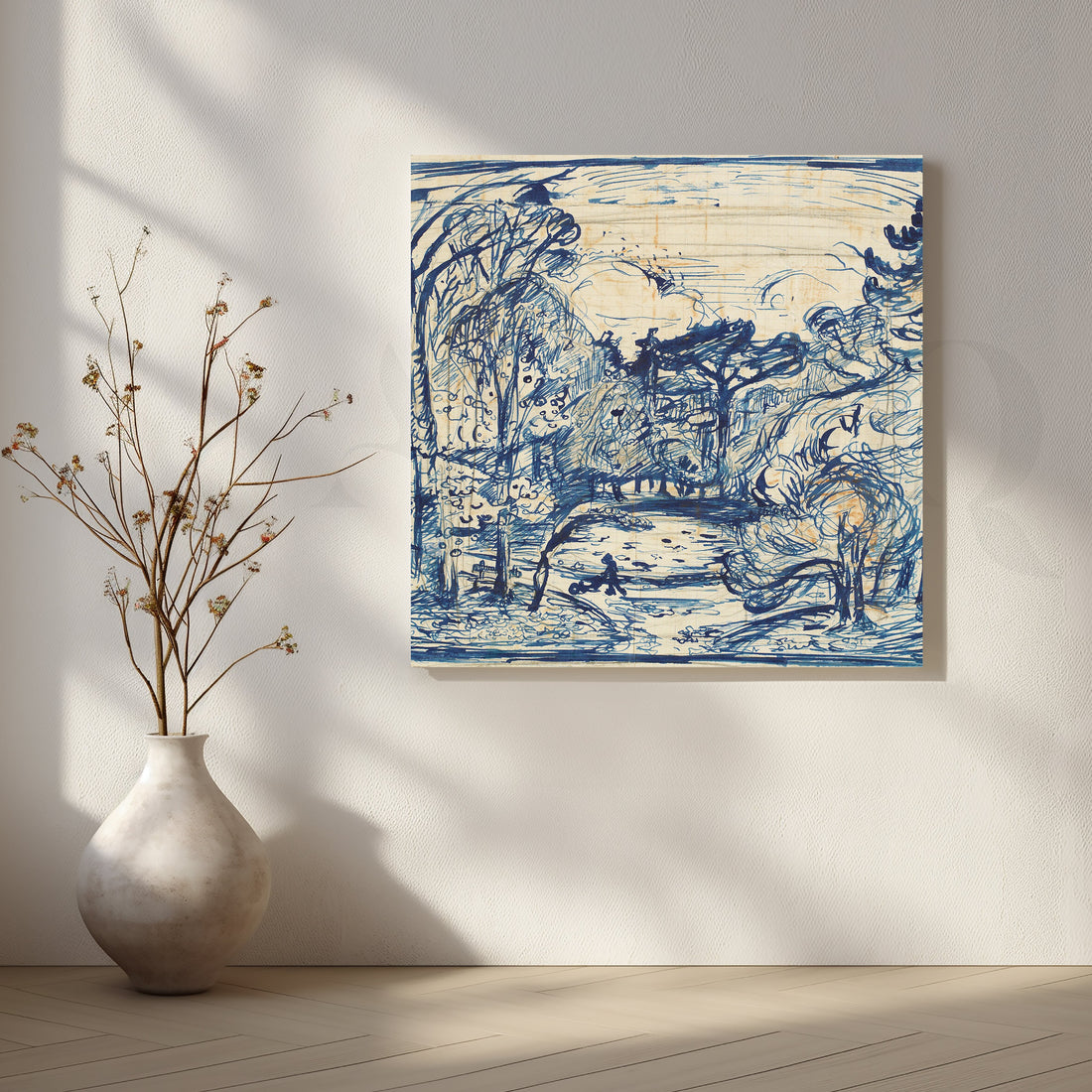 Blue Willow Park Sketch Canvas Artwork – Asha Art Studio