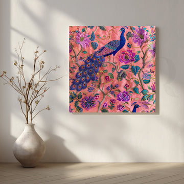 Peacock Paradise on Coral Canvas Artwork – Asha Art Studio