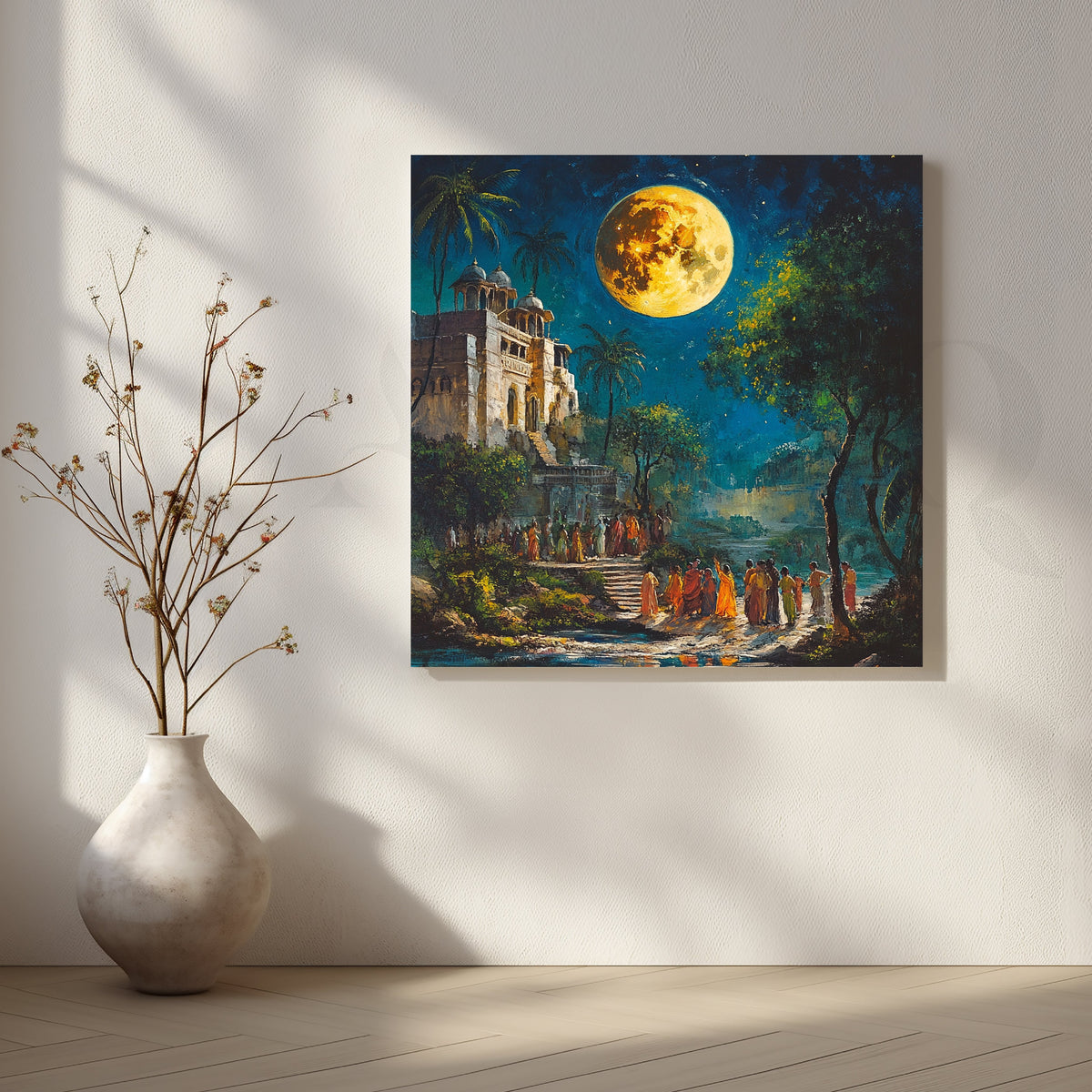 Moonlit Temple Procession Canvas Artwork – Asha Art Studio