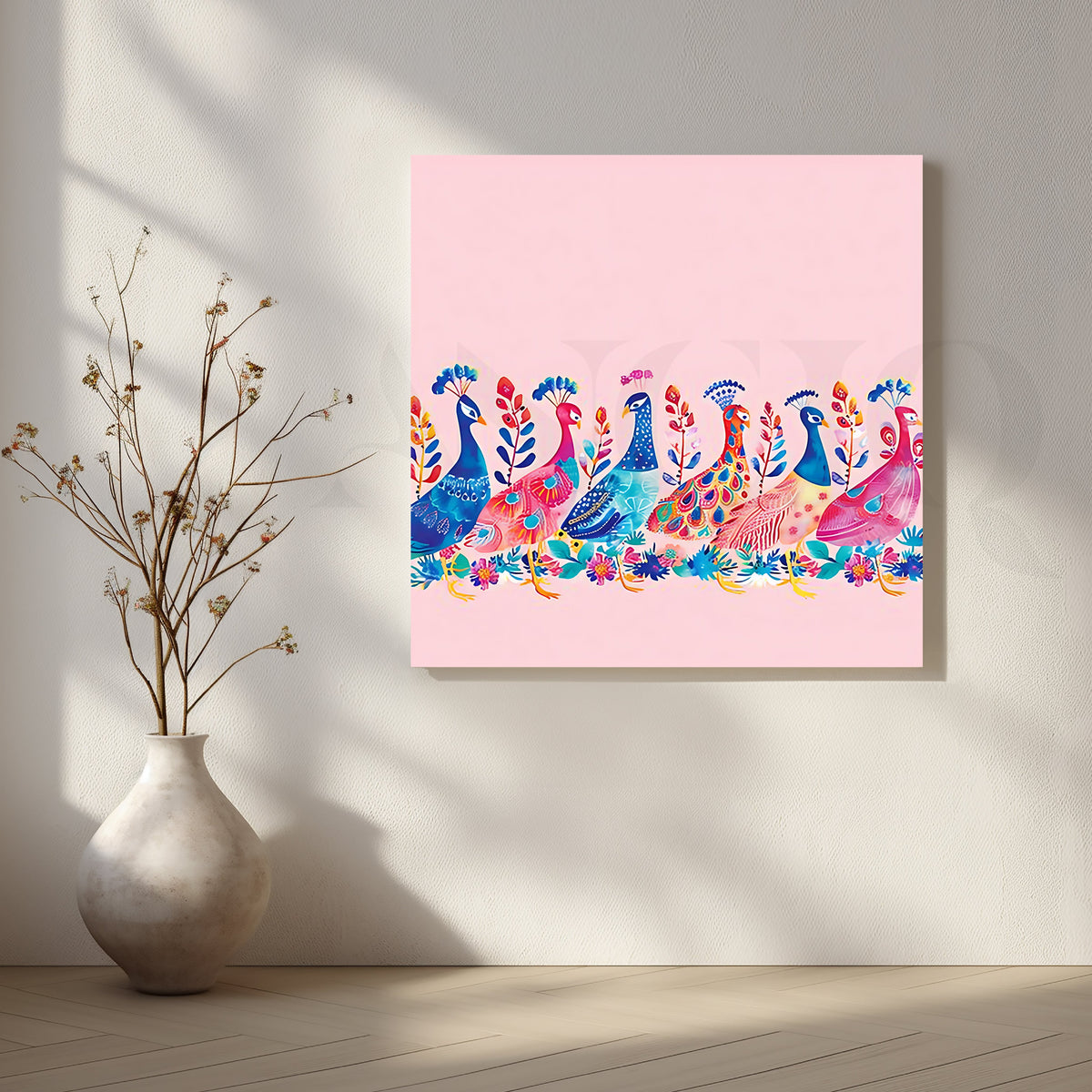 Pink Peacock Parade Canvas Artwork – Asha Art Studio