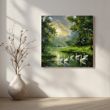Serene Swan Lake Canvas Artwork – Asha Art Studio