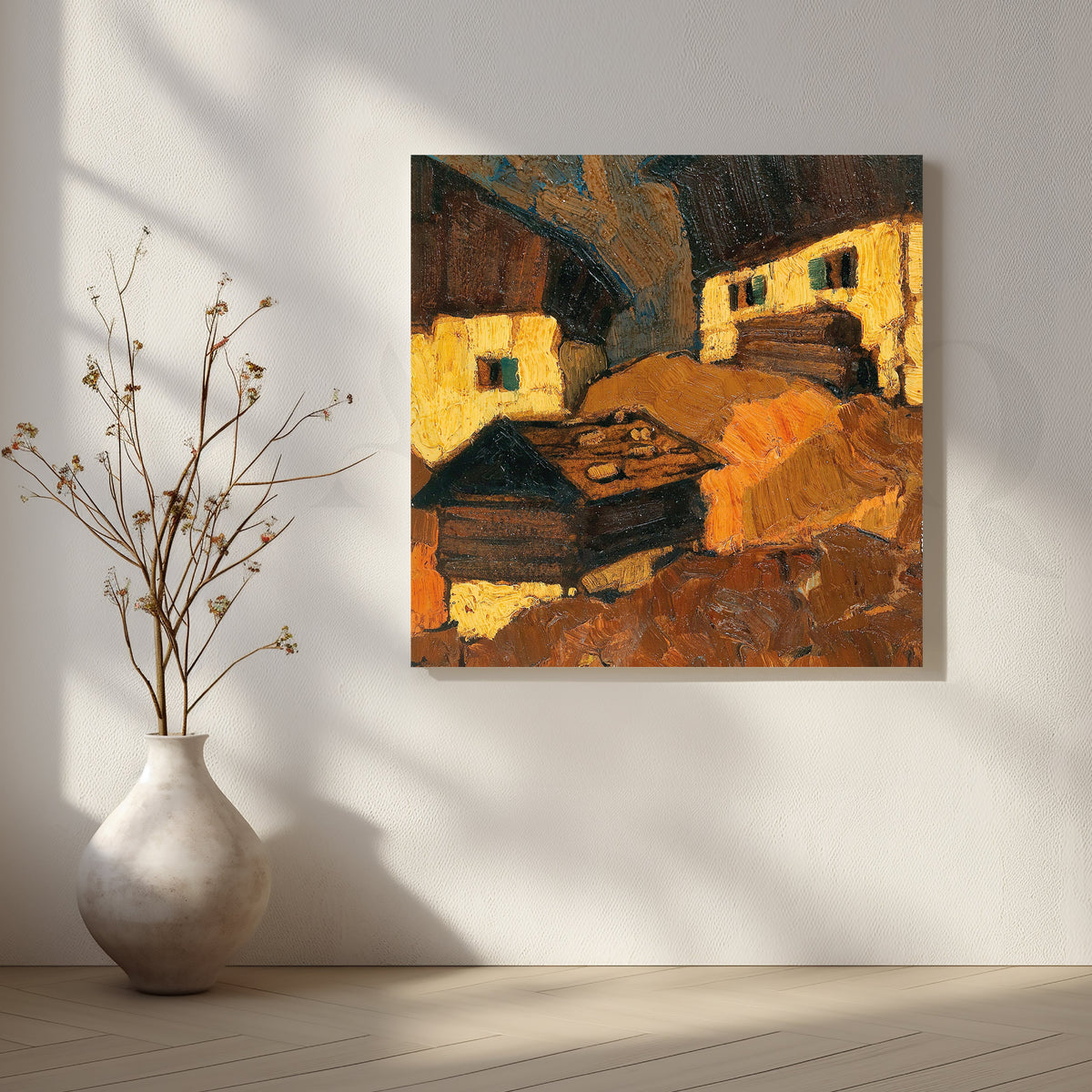 Sunlit Mountain Hamlet Canvas Artwork – Asha Art Studio