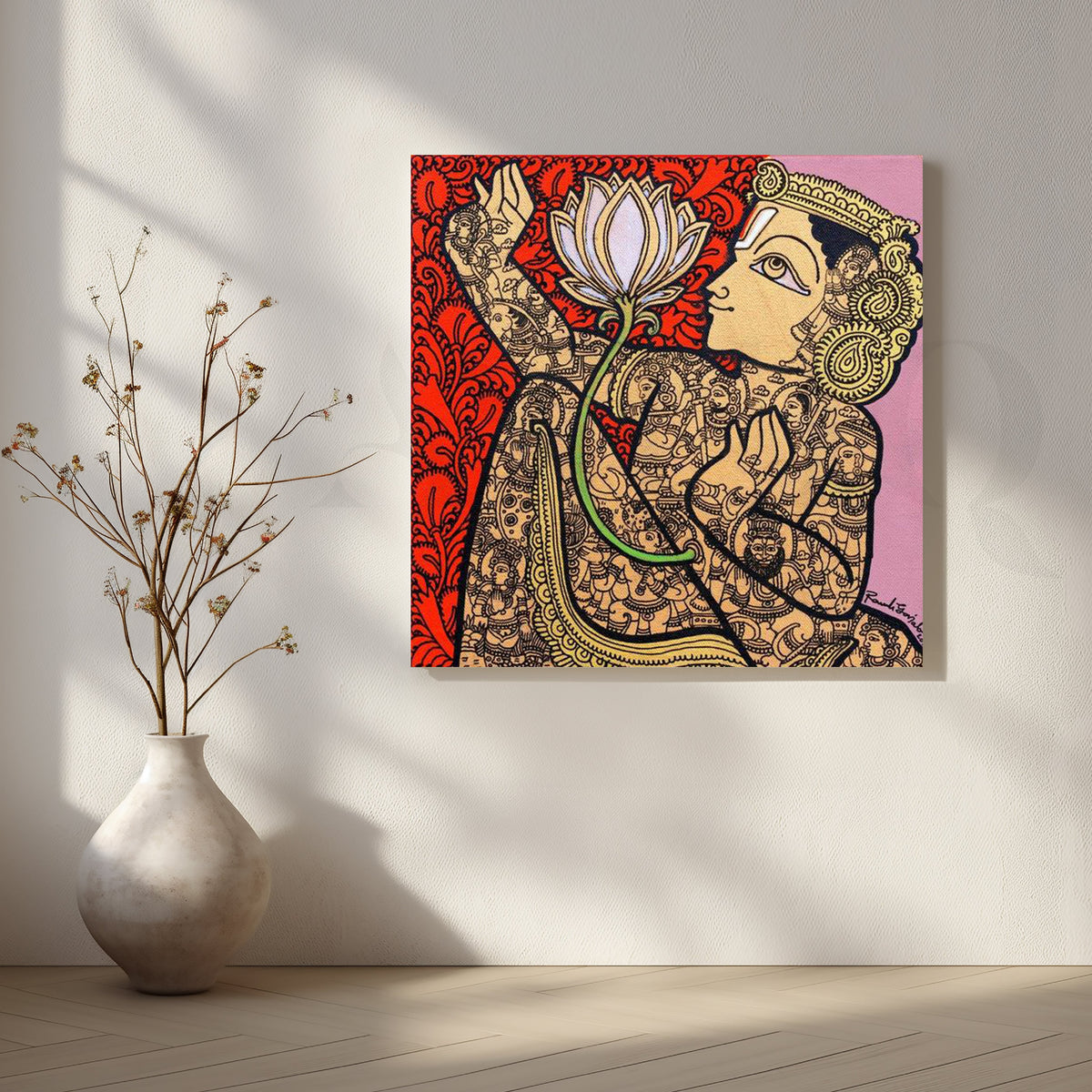 Indian Lotus Deity Folk Art Canvas Artwork – Asha Art Studio