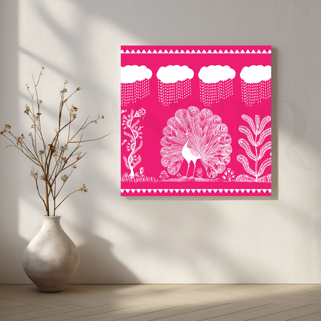 Pink Warli Peacock Rain Dance Canvas Artwork – Asha Art Studio