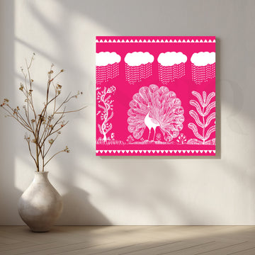 Pink Warli Peacock Rain Dance Canvas Artwork – Asha Art Studio