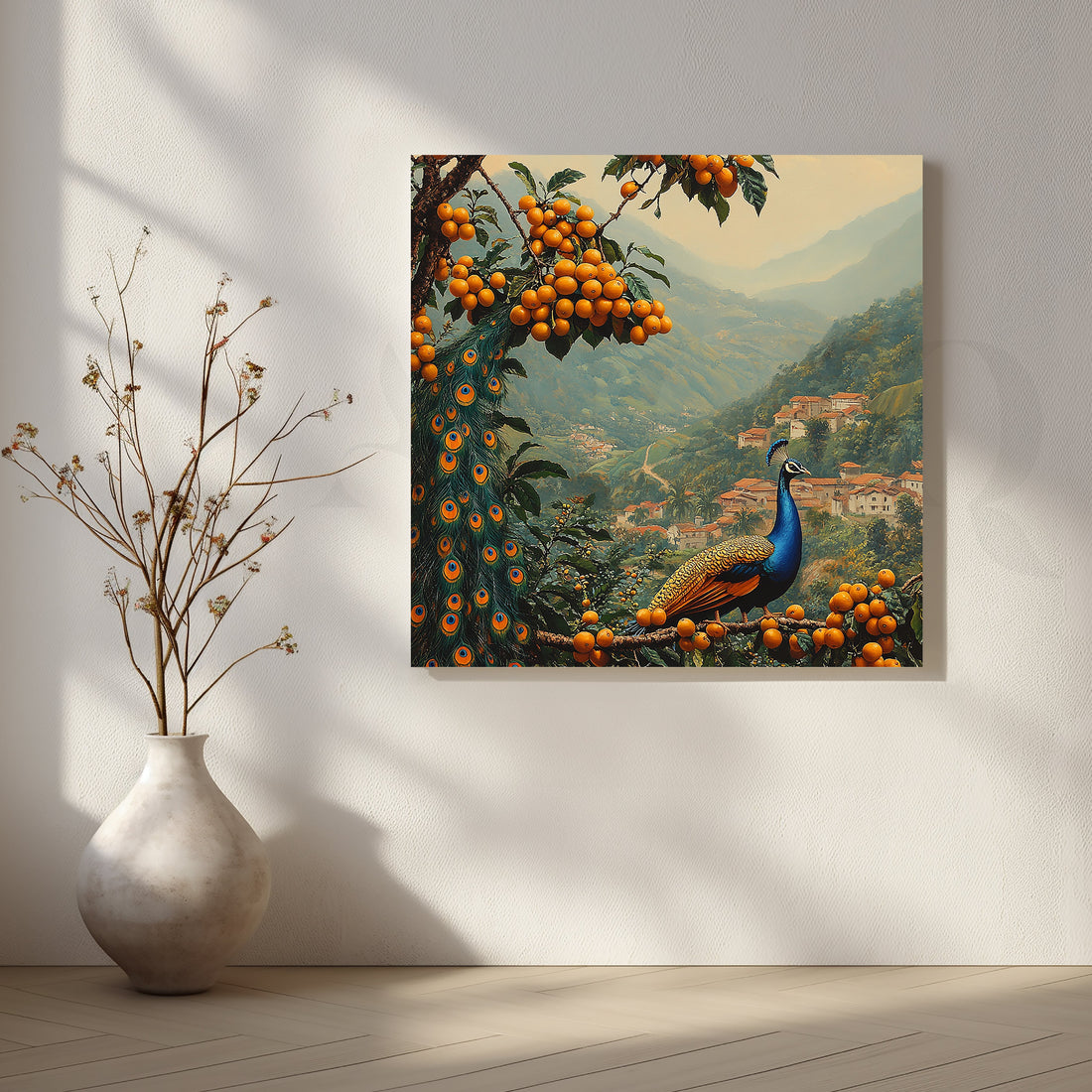 Hillside Orchard Peacock Canvas Artwork – Asha Art Studio