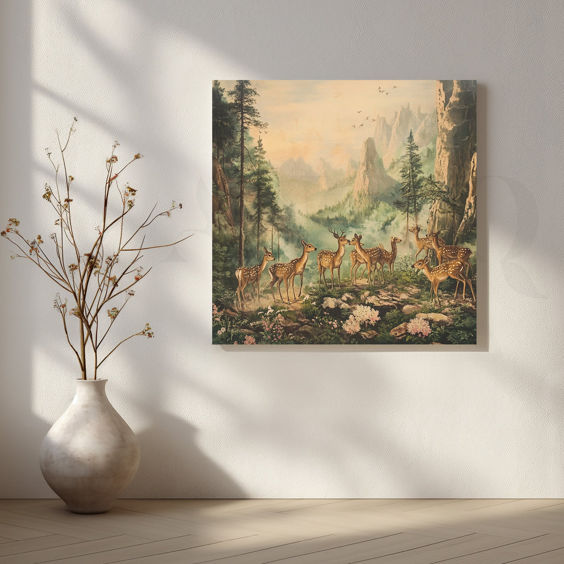 Forest Gathering of Deers Canvas Artwork – Asha Art Studio