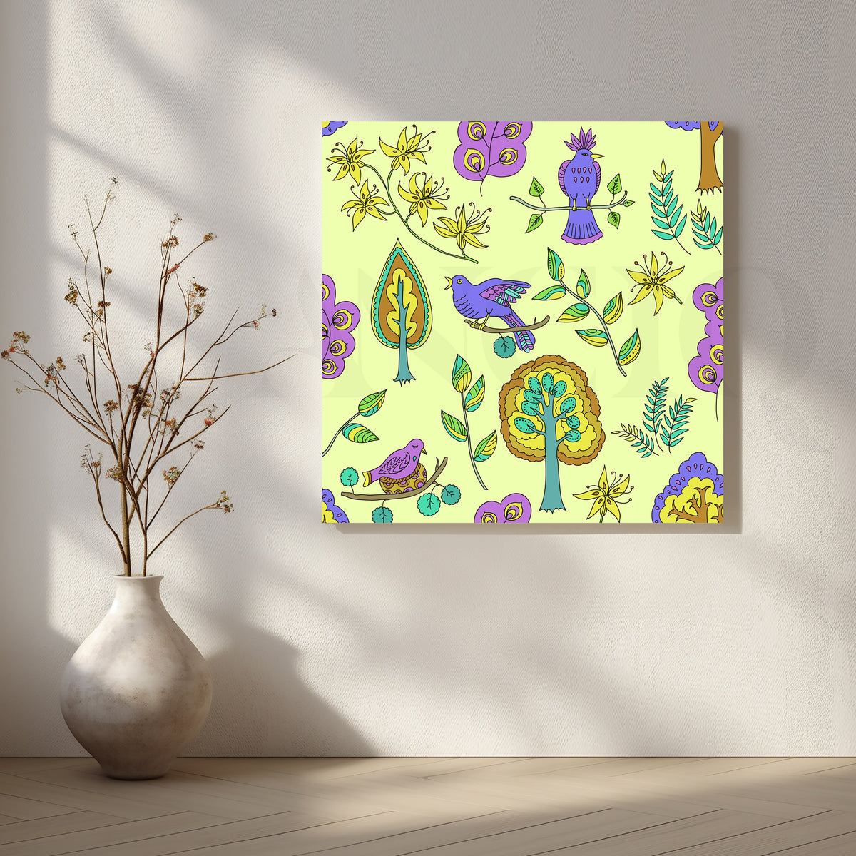 Purple Birds Garden Pattern Canvas Artwork – Asha Art Studio