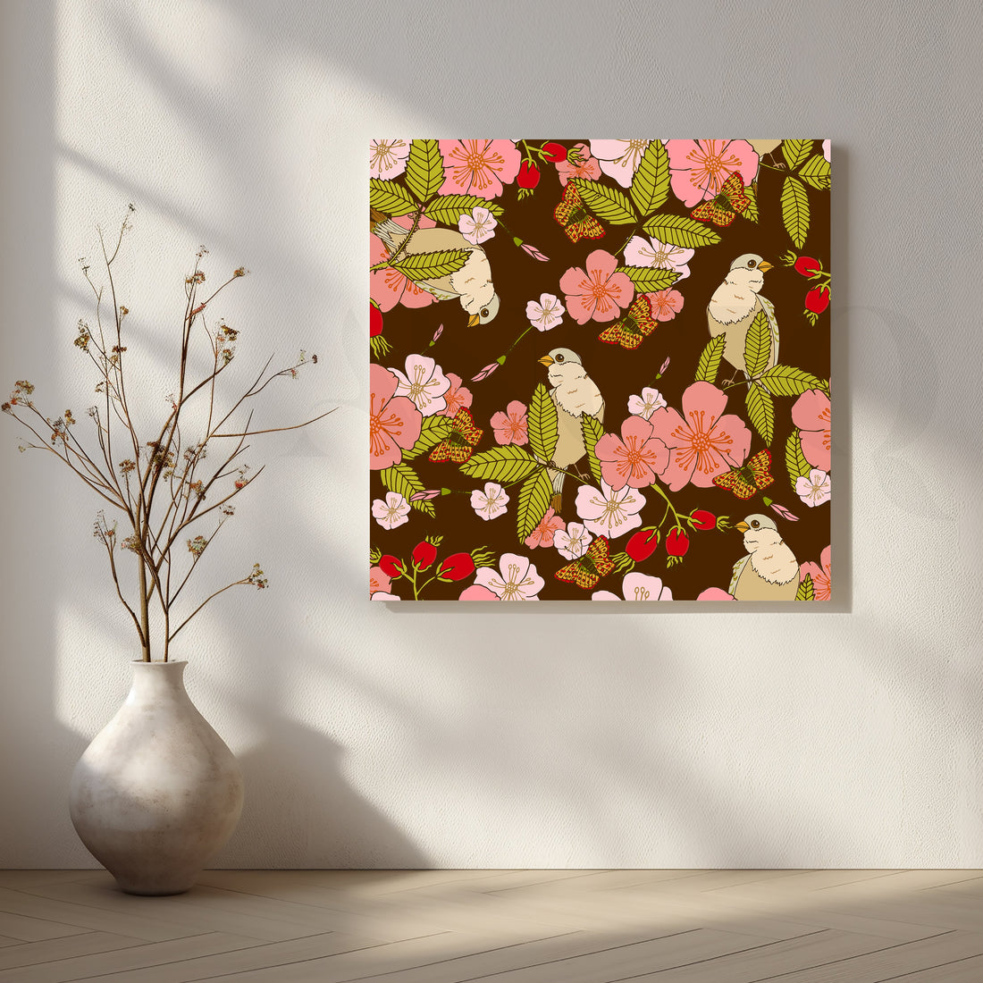 Tropical Birds and Blossoms Canvas Artwork – Asha Art Studio