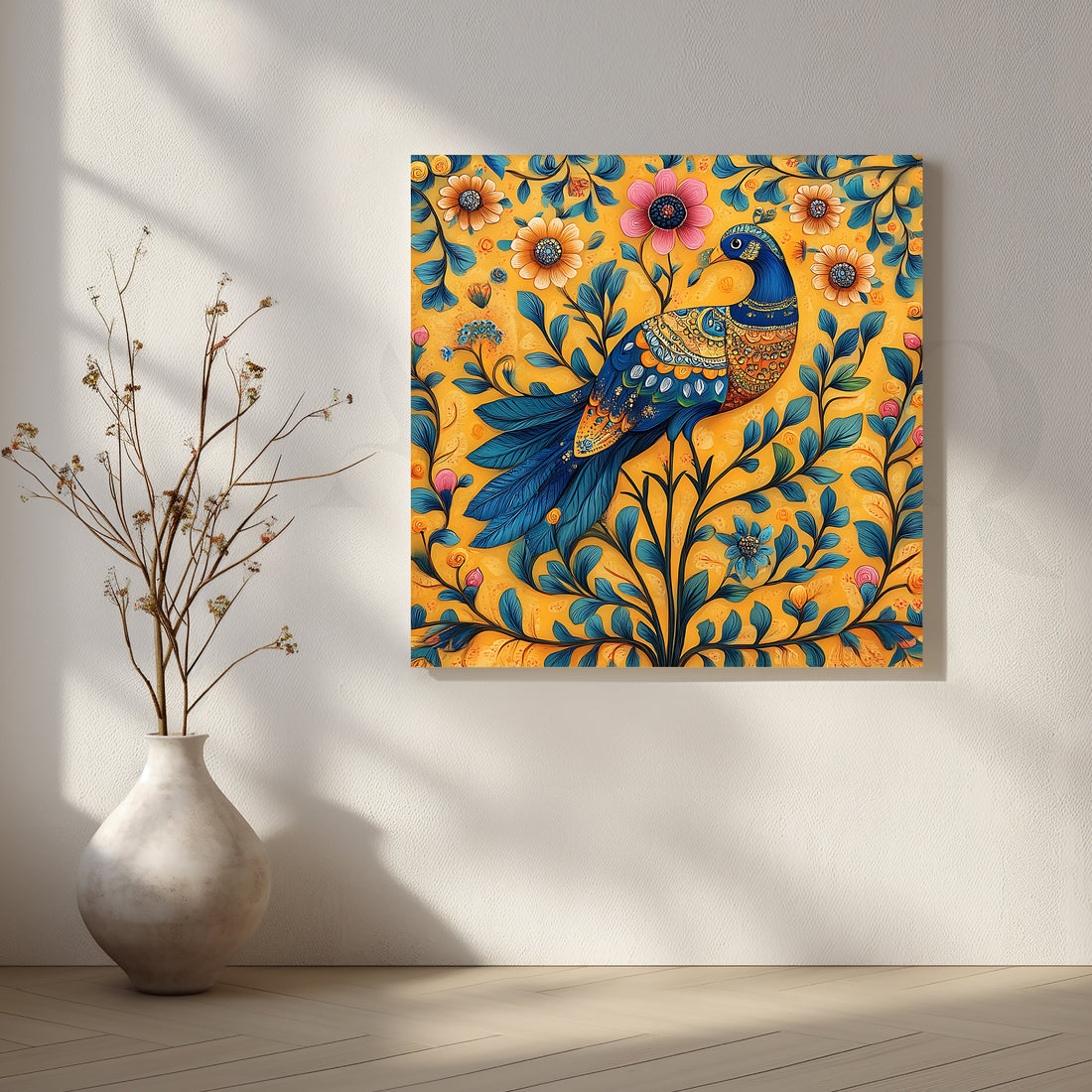 Golden Peacock Garden Folk Canvas Artwork – Asha Art Studio