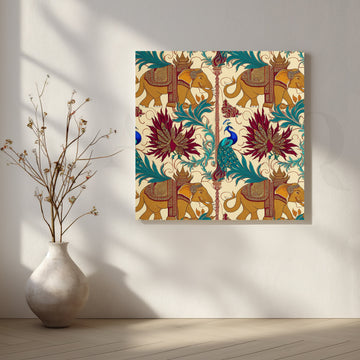 Elephant & Peacock Harmony Canvas Artwork – Asha Art Studio