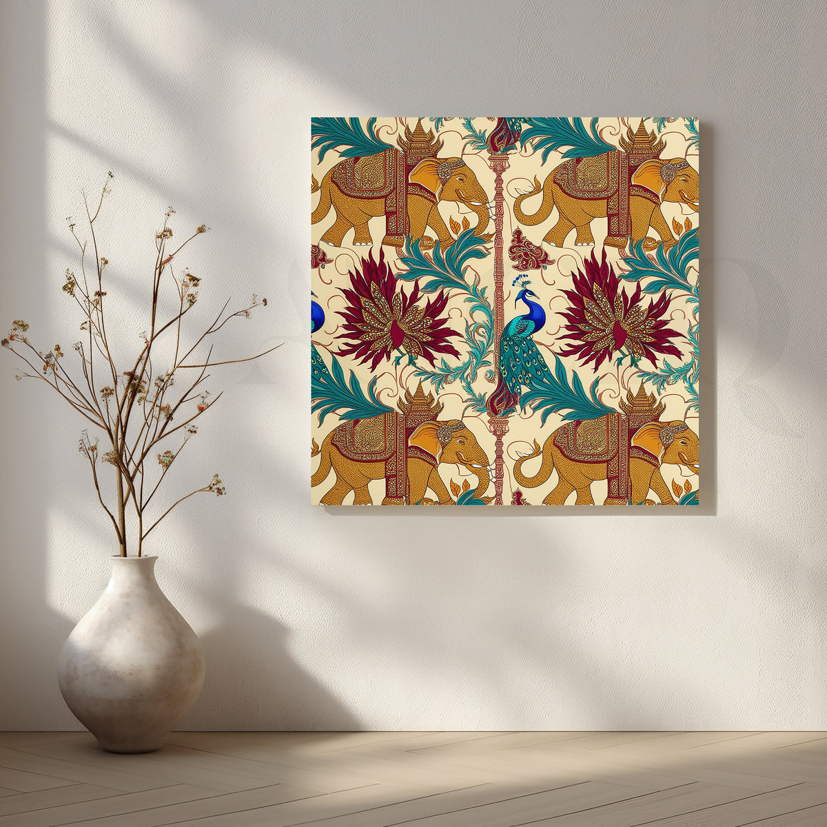 Elephant & Peacock Harmony Canvas Artwork – Asha Art Studio