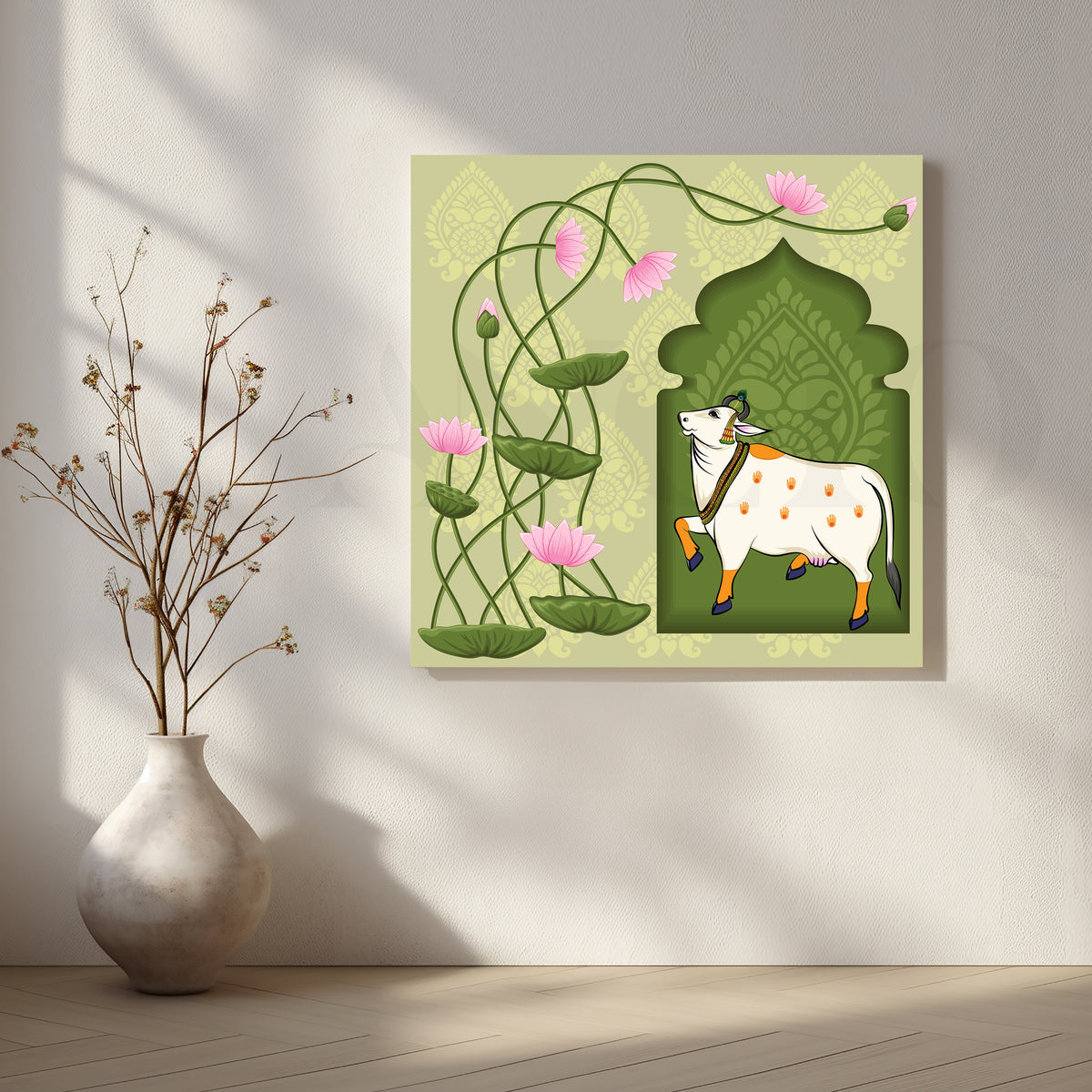 Lotus Blessings Cow Canvas Artwork – Asha Art Studio