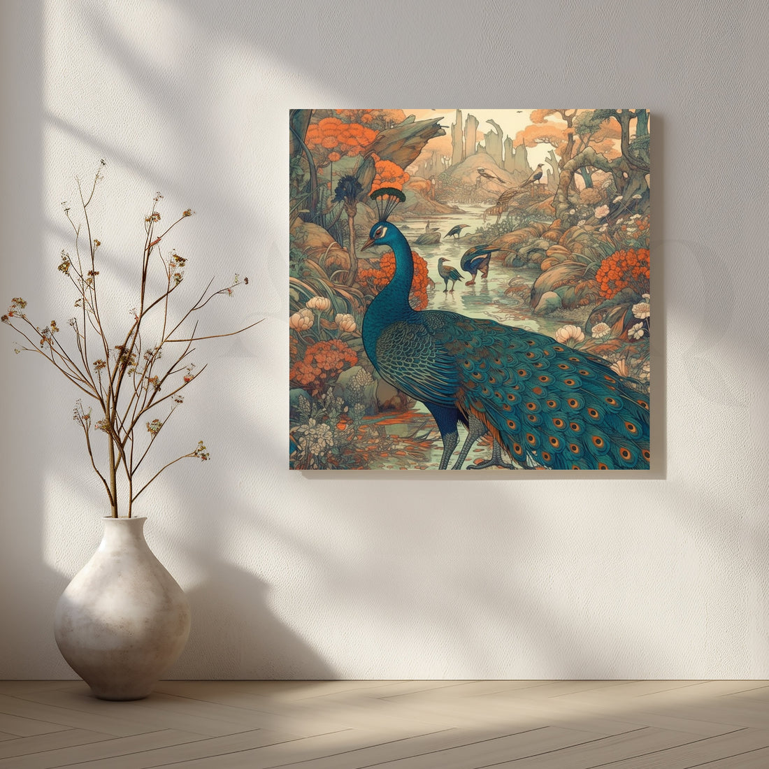 Whispering Peacocks by the Stream Canvas – Asha Art Studio
