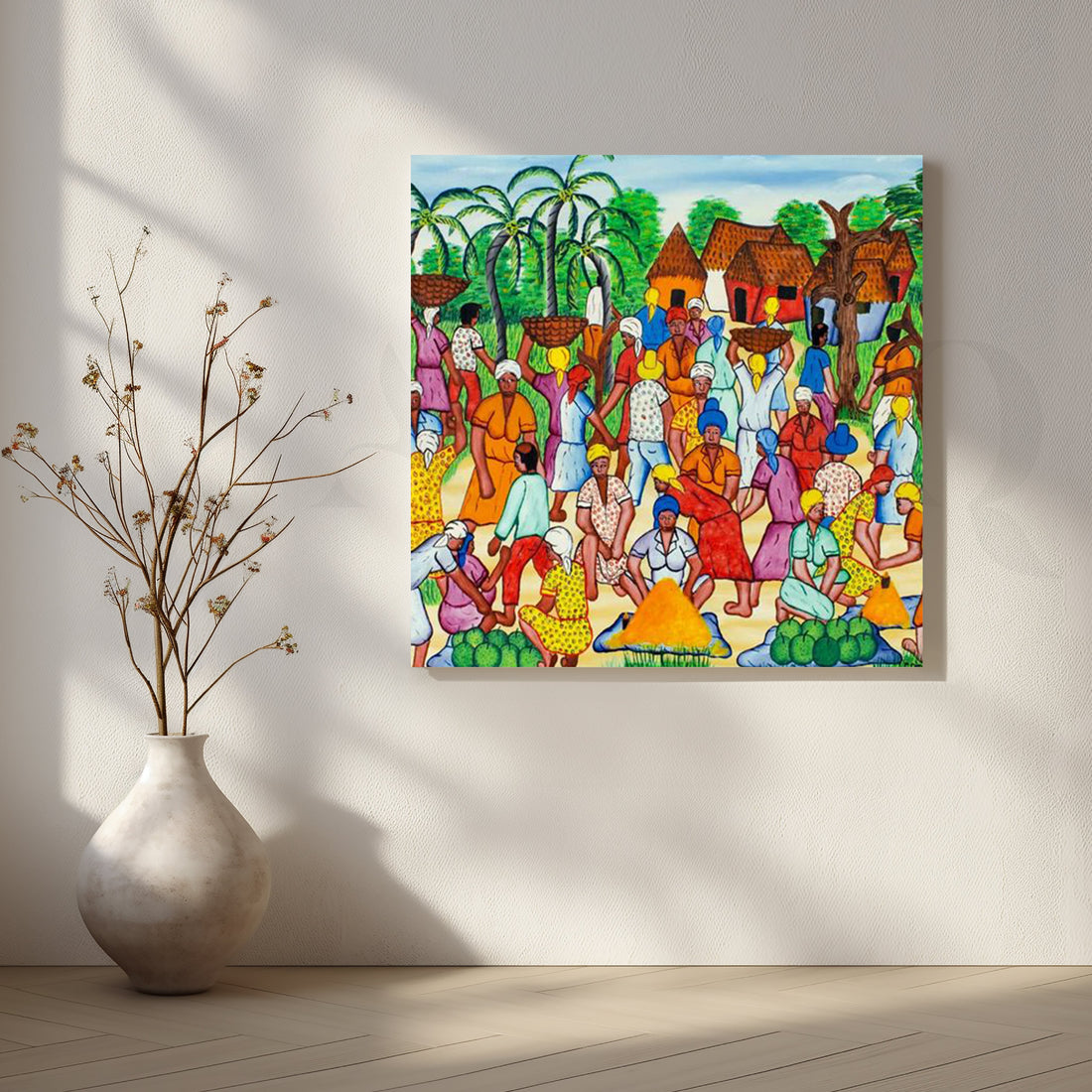 Vibrant Village Market Canvas Artwork – Asha Art Studio