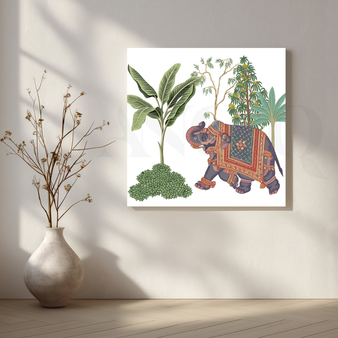 Tropical Jungle Elephant Botanical Canvas Artwork – Asha Art Studio