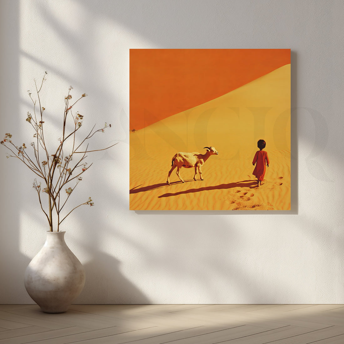 Desert Child and Goat Minimal Canvas Artwork – Asha Art Studio